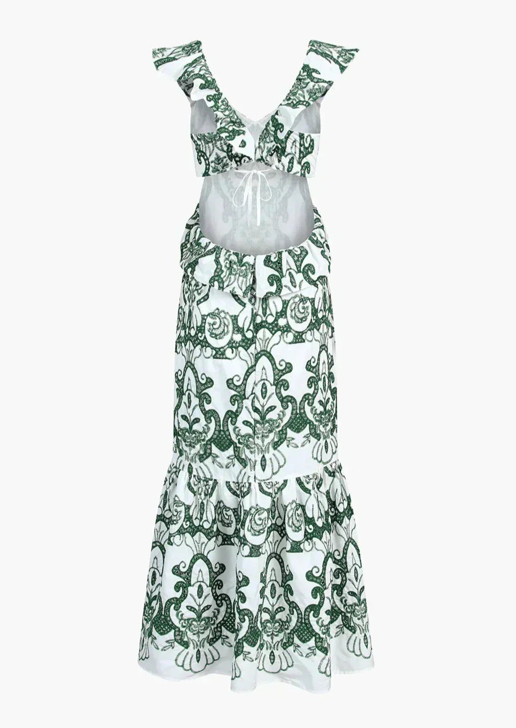 Plunging-V Ruffled Maxi Dress with an Open Back