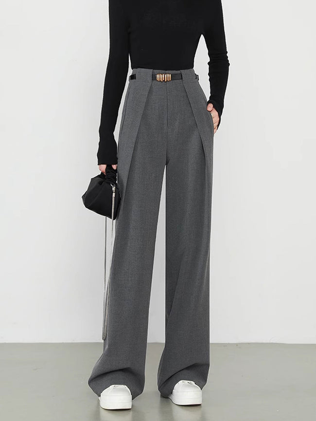 Middle Waist Solid Trendy Pocket Straight Leg Pants Grey / XS Pants Main image