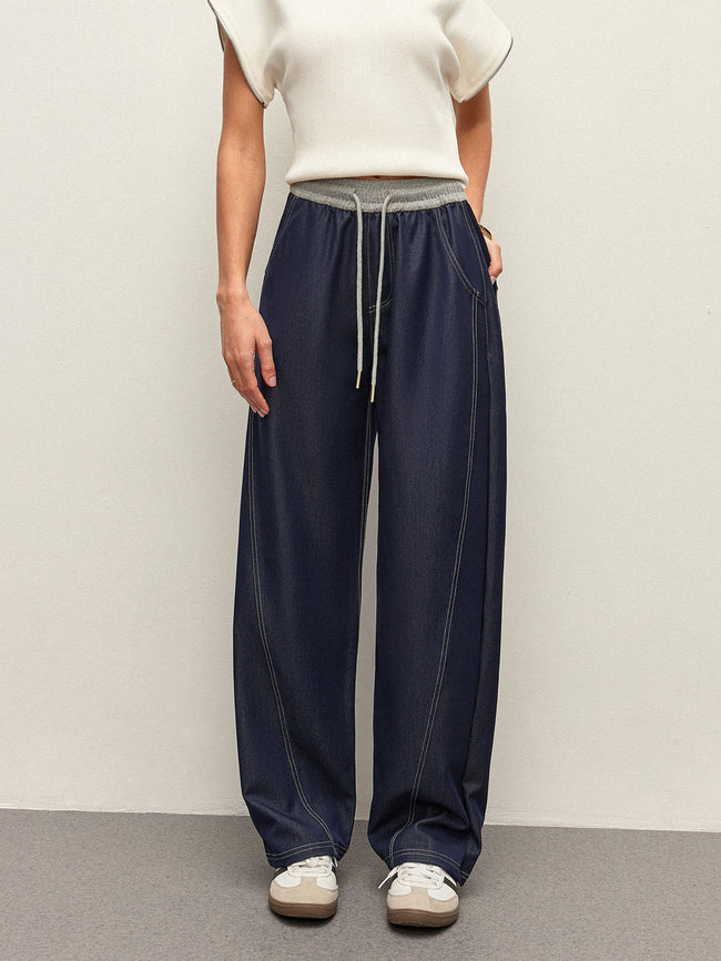 High Waist Drawstring Denim Pants With Pockets Blue / XS Pants Main image