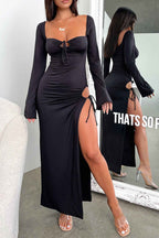 Cutout Slit-Detail Long-Sleeve Dress with Lace-Up Details