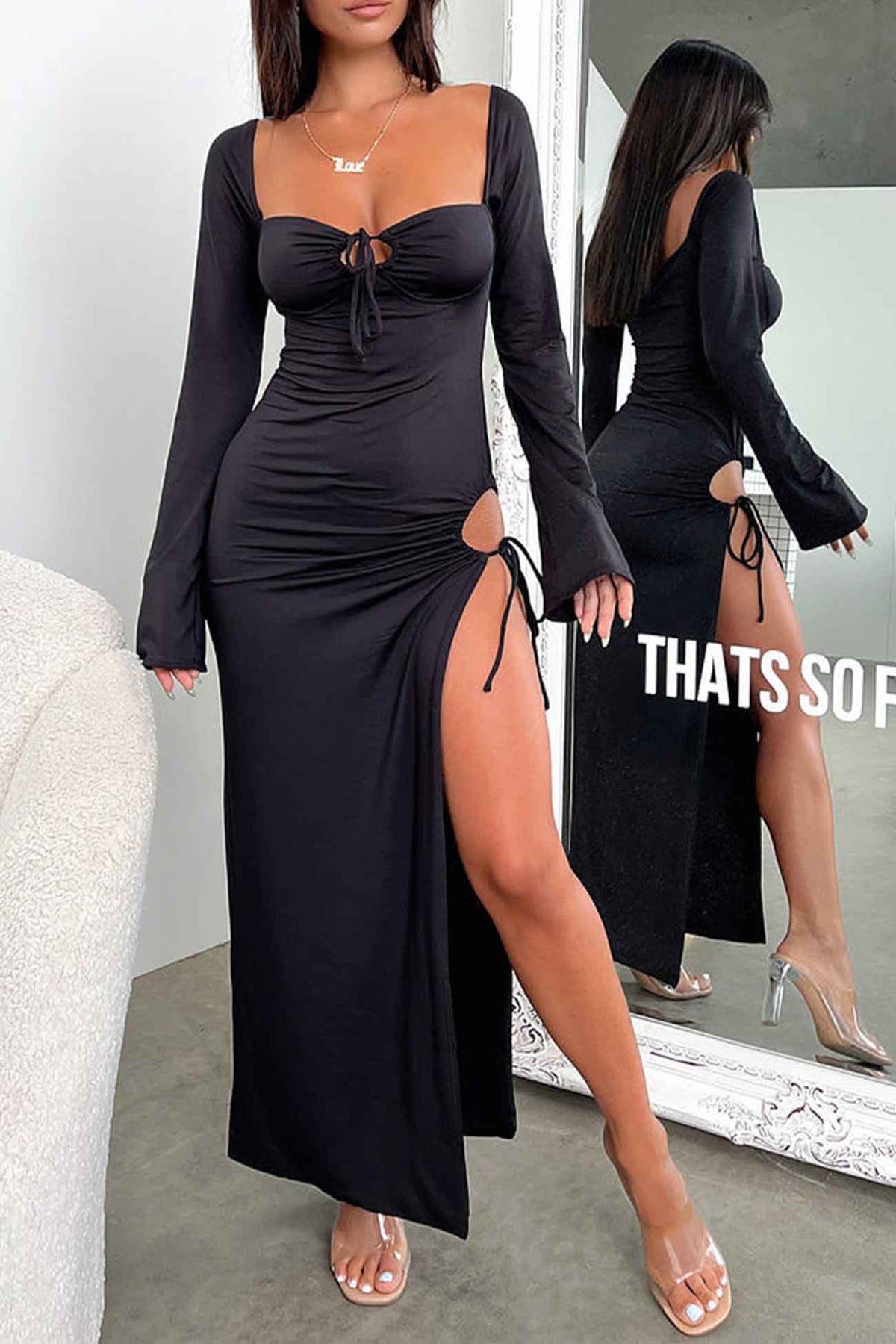 Cutout Slit-Detail Long-Sleeve Dress with Lace-Up Details
