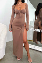 Cutout Slit-Detail Long-Sleeve Dress with Lace-Up Details