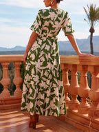 Printed V-Neck Slit-Detail Midi Dress