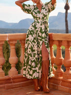 Printed V-Neck Slit-Detail Midi Dress
