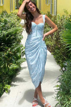 Blue Floral Corset-Style Ruched Dress with a Split Detail