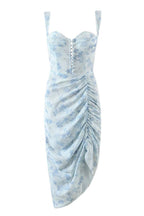Blue Floral Corset-Style Ruched Dress with a Split Detail