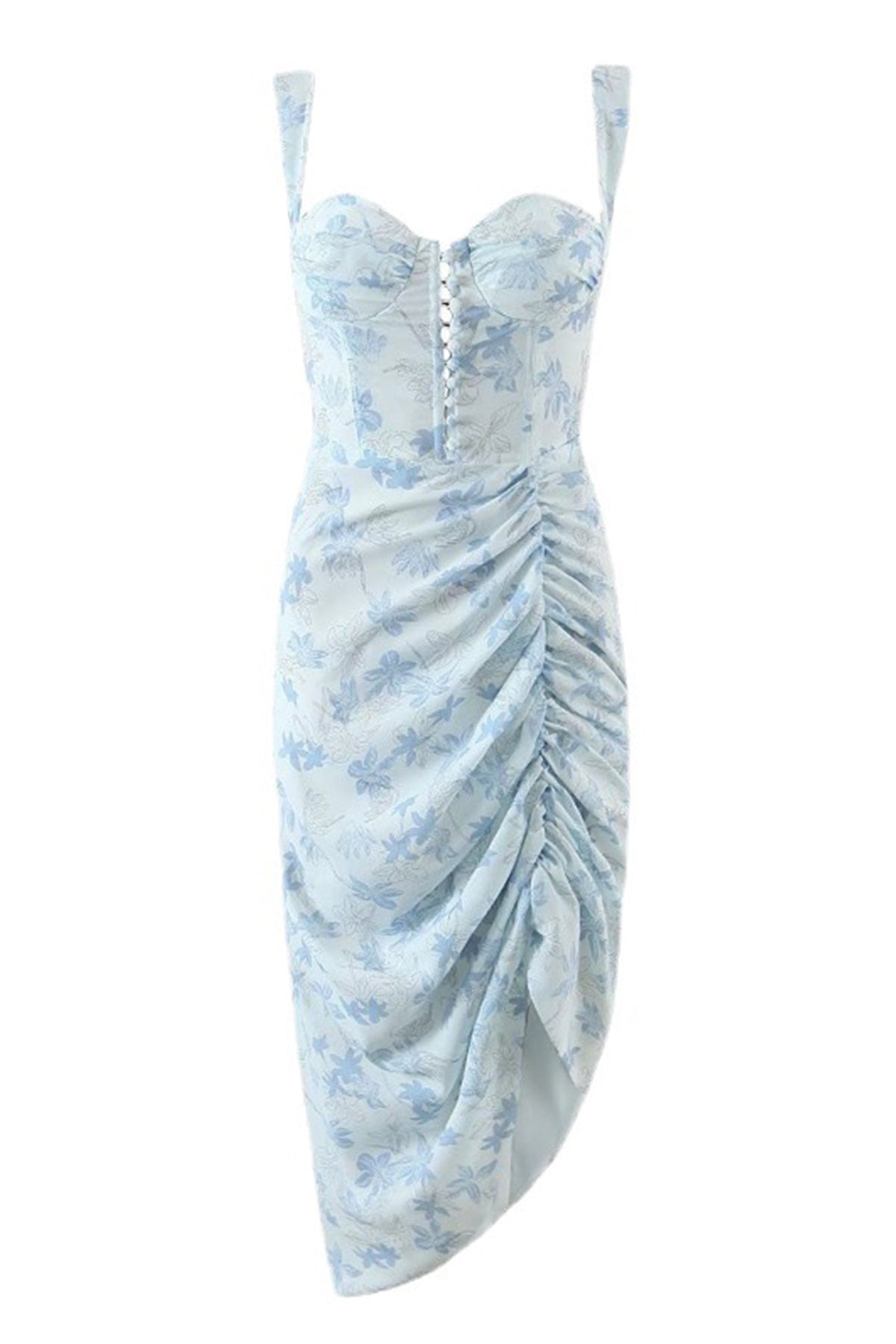 Blue Floral Corset-Style Ruched Dress with a Split Detail