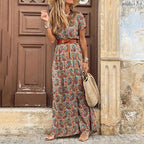 V-Neck Boho Dress with Drawstring Detail