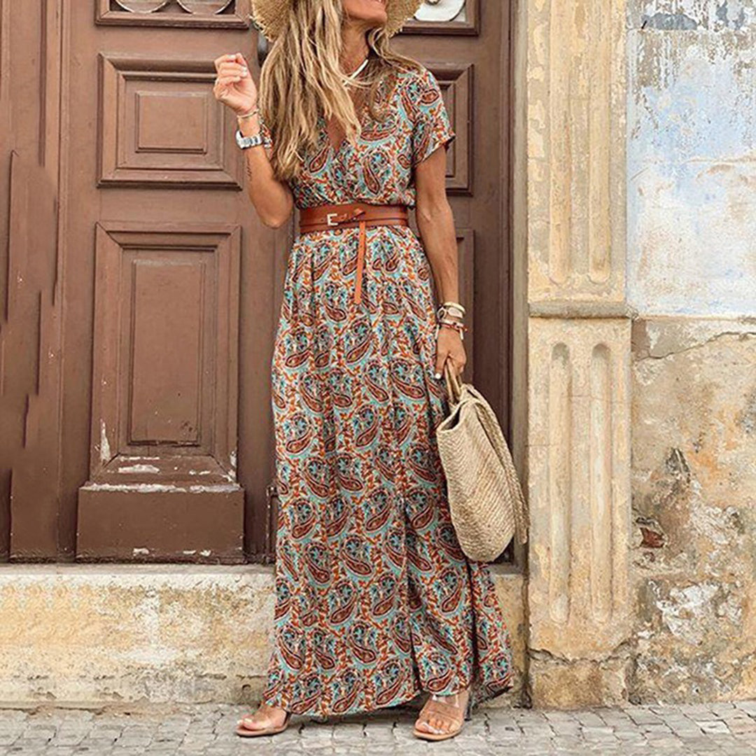 V-Neck Boho Dress with Drawstring Detail