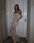 White Strapless Sheer Glitter Dress