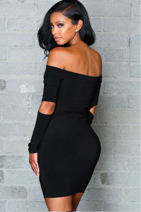Black V-Neck Fitted Pleated Dress
