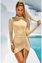 Apricot Fitted Long-Sleeve Dress with a Round Neck