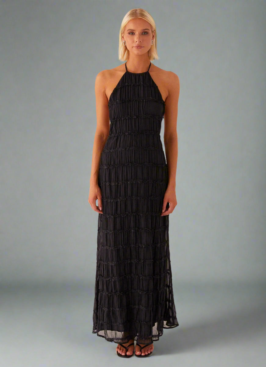 Eye-Graphic Halterneck Maxi Dress with Zip Details