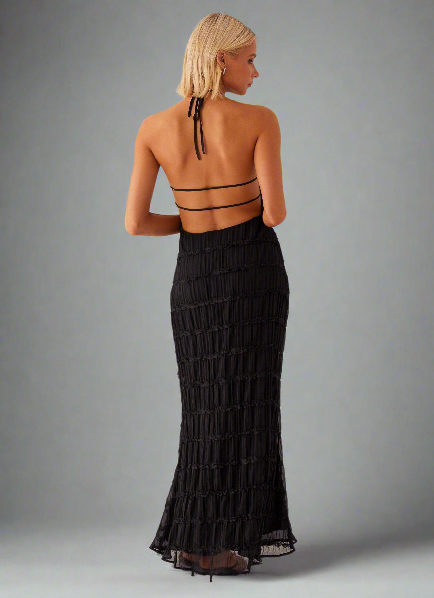 Eye-Graphic Halterneck Maxi Dress with Zip Details