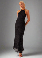 Eye-Graphic Halterneck Maxi Dress with Zip Details