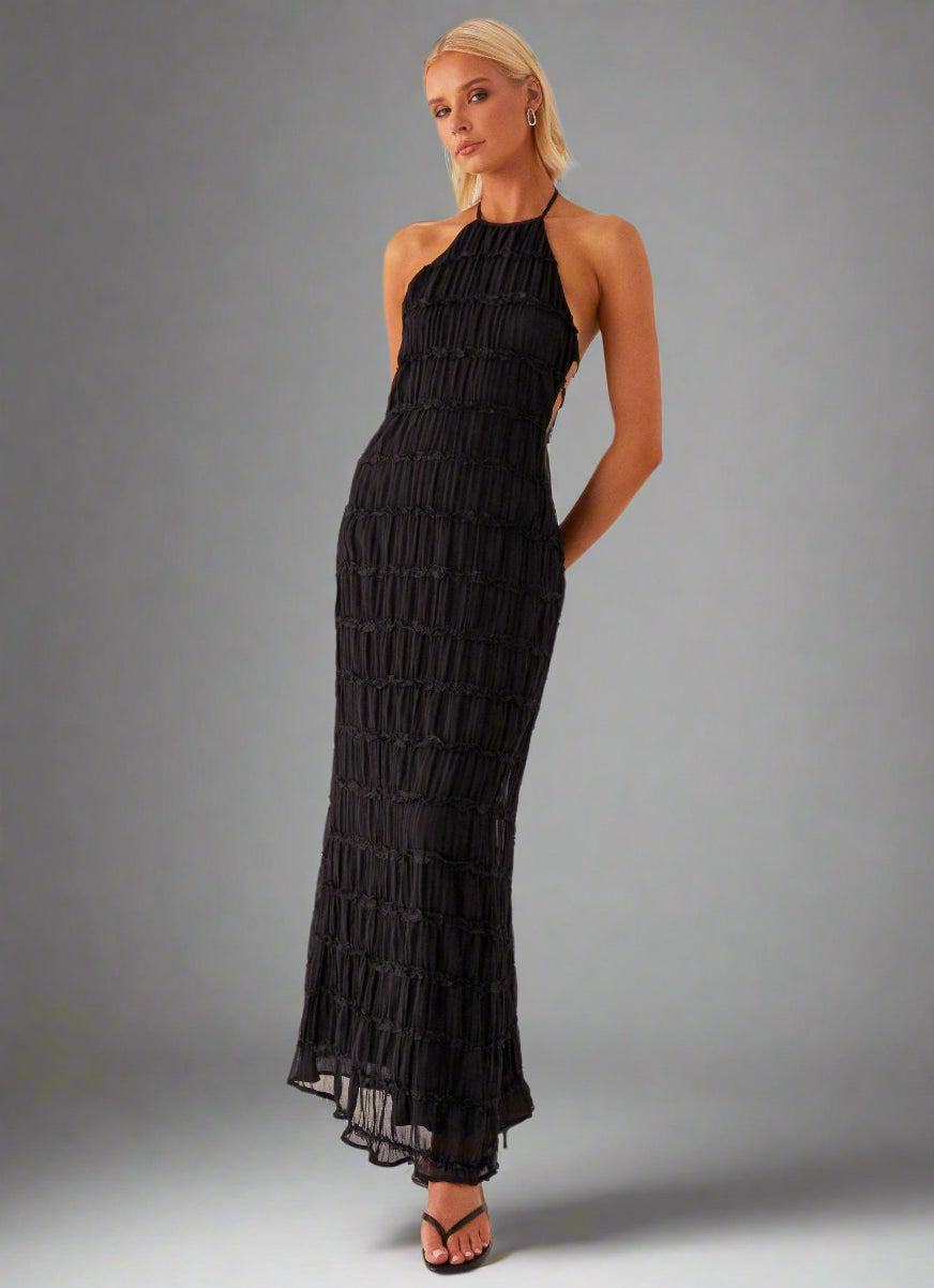 Eye-Graphic Halterneck Maxi Dress with Zip Details