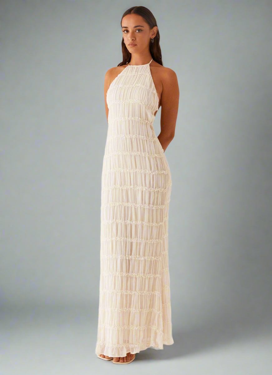 Eye-Graphic Halterneck Maxi Dress with Zip Details