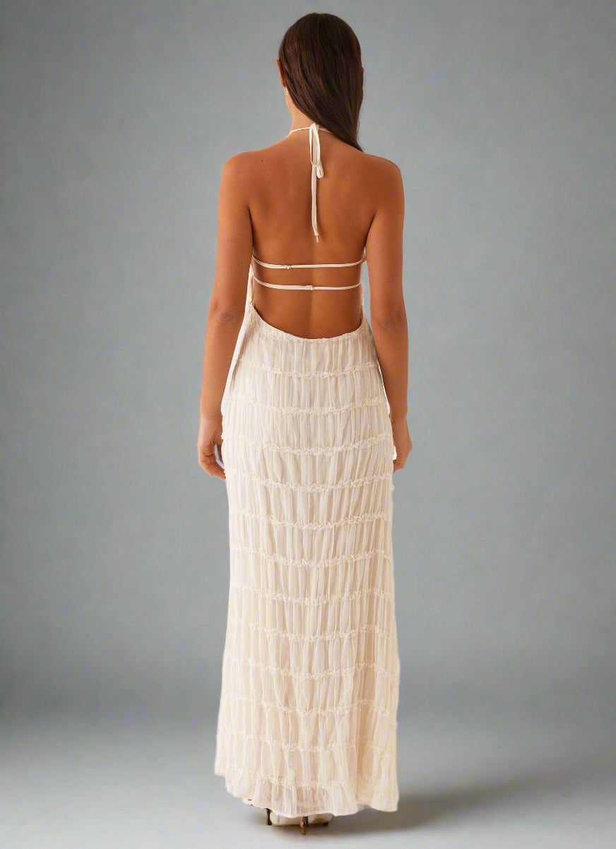 Eye-Graphic Halterneck Maxi Dress with Zip Details