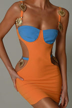 Strappy Cutout Contrast-Detail Mini Dress with a Split Detail