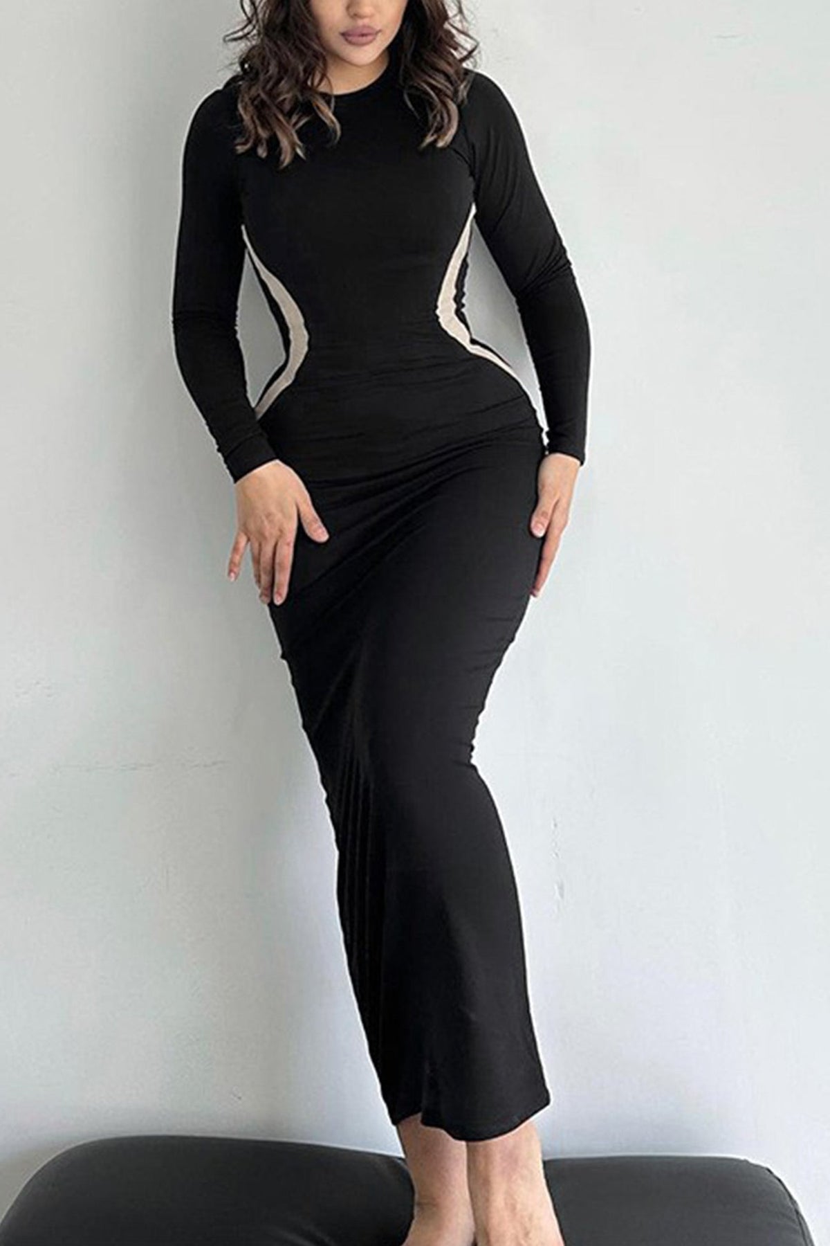 Fitted Contrast-Detail Midi Dress