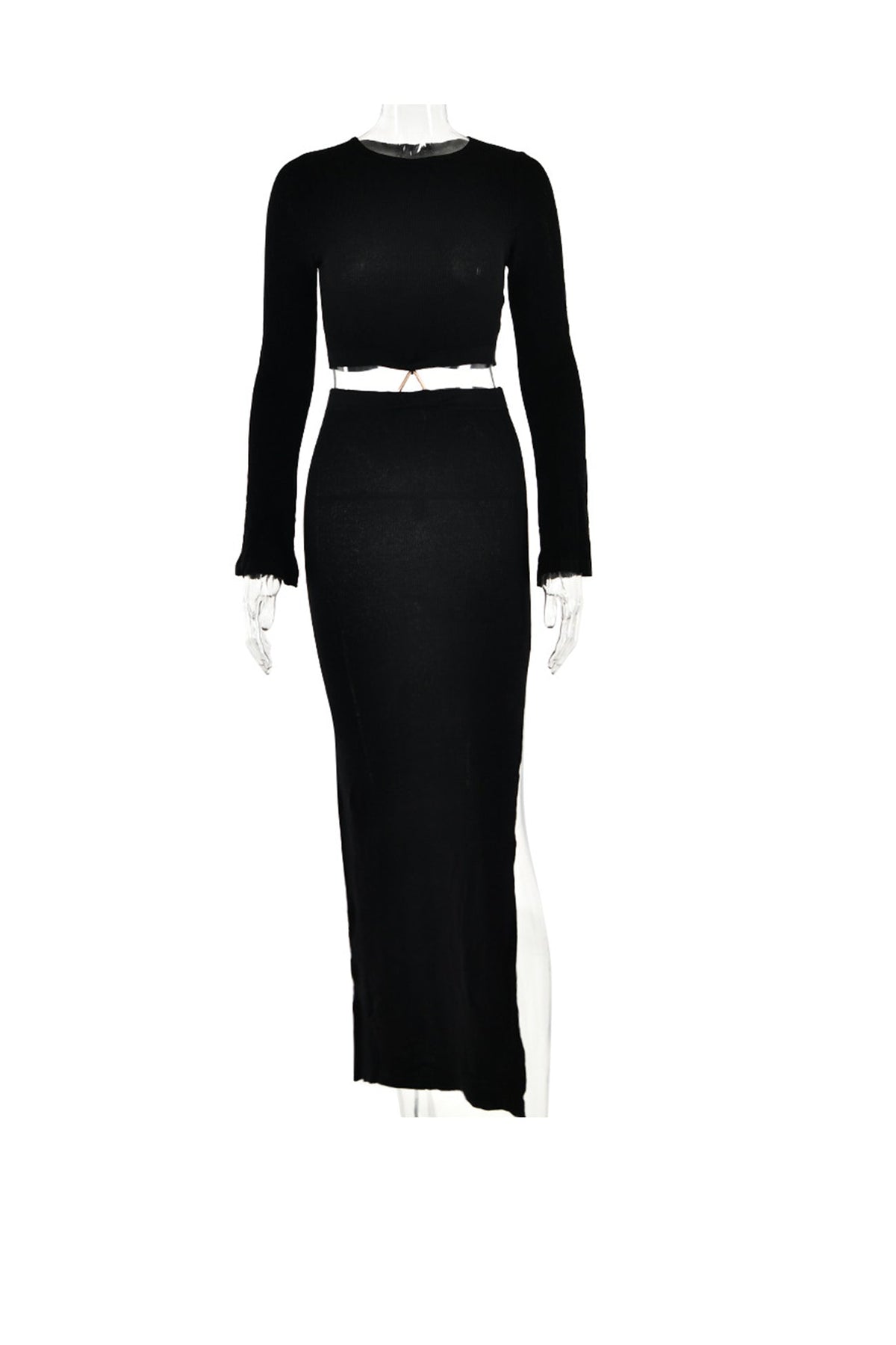 Cropped Slit-Detail Midi Skirt with a Round Neck