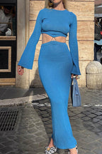 Cropped Slit-Detail Midi Skirt with a Round Neck