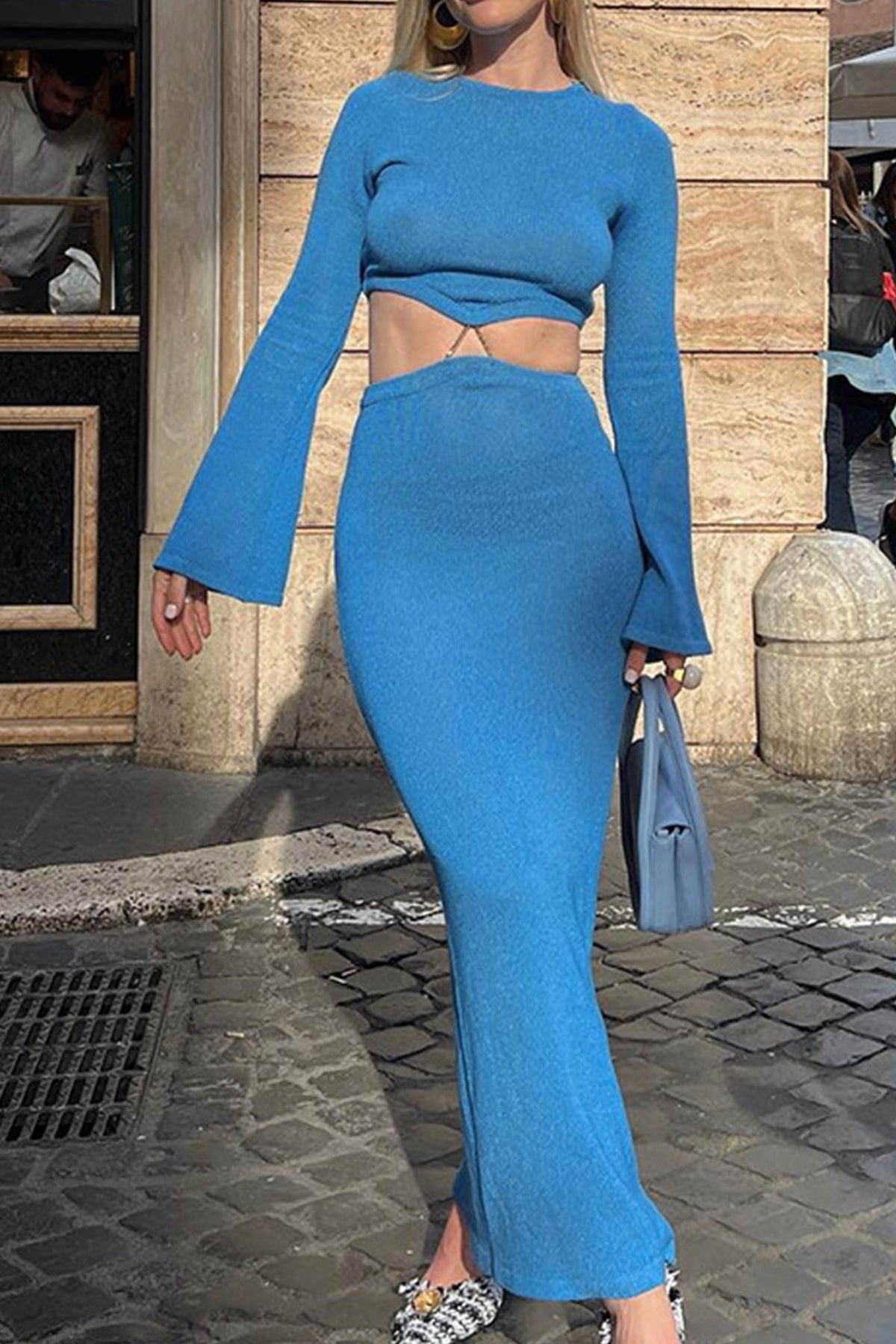 Cropped Slit-Detail Midi Skirt with a Round Neck
