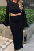 Cropped Slit-Detail Midi Skirt with a Round Neck