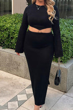 Cropped Slit-Detail Midi Skirt with a Round Neck