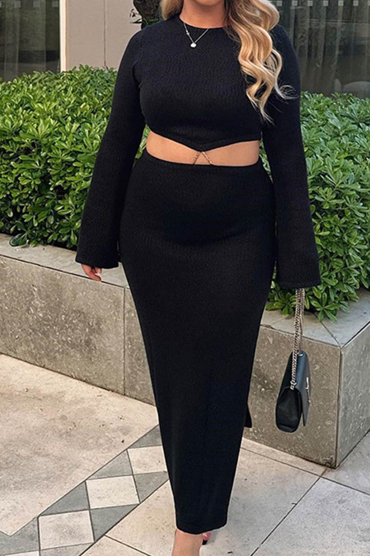 Cropped Slit-Detail Midi Skirt with a Round Neck