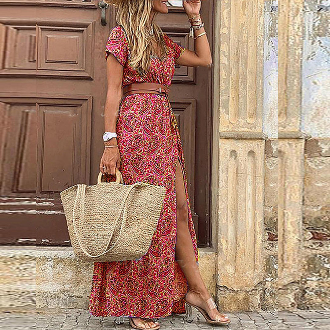 V-Neck Boho Dress with Drawstring Detail