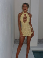 High-Neck Crochet Mini Dress with Cutout Details