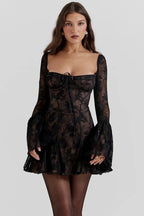 Bell-Sleeve Long-Sleeve Mini Dress with Lace Details