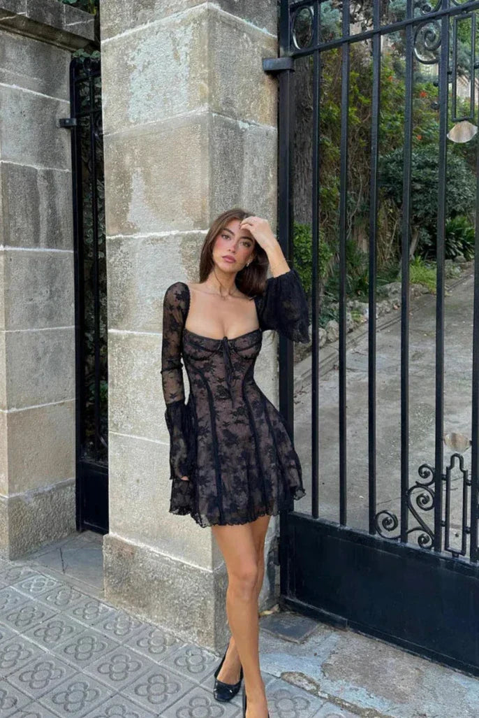 Bell-Sleeve Long-Sleeve Mini Dress with Lace Details