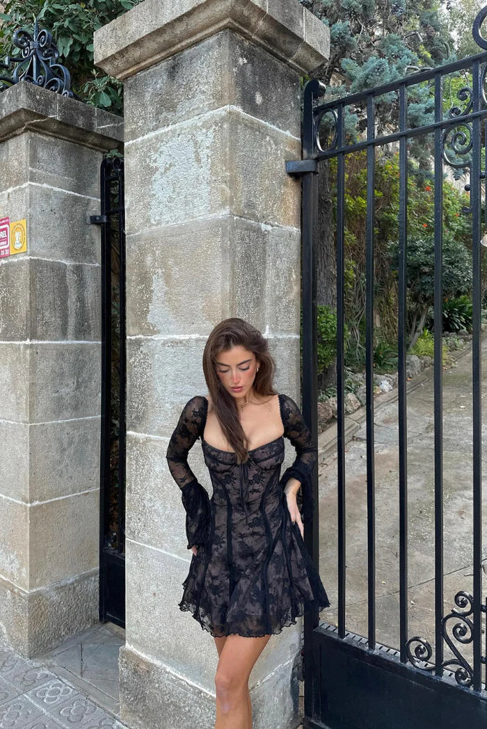 Bell-Sleeve Long-Sleeve Mini Dress with Lace Details