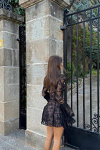 Bell-Sleeve Long-Sleeve Mini Dress with Lace Details