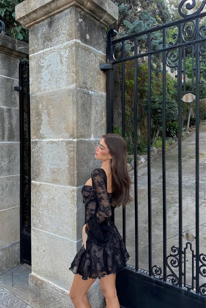 Bell-Sleeve Long-Sleeve Mini Dress with Lace Details