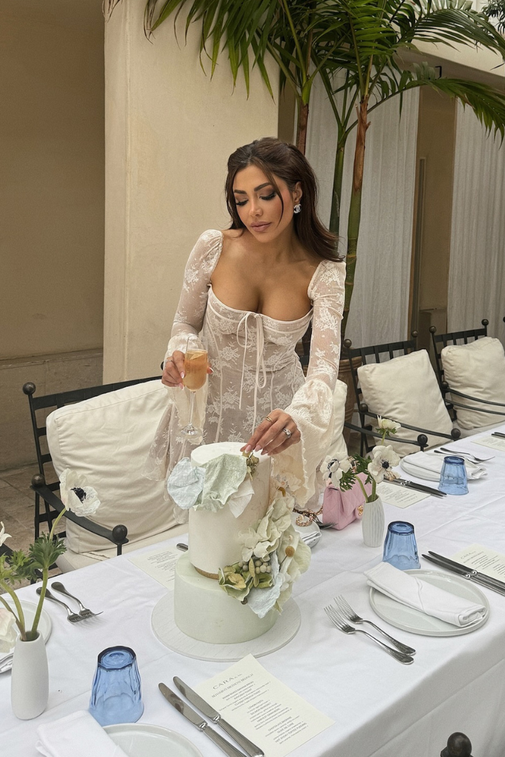 Bell-Sleeve Long-Sleeve Mini Dress with Lace Details