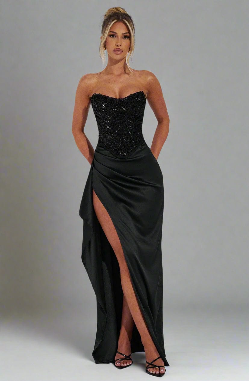 Fitted Cropped Slit-Detail Top & Skirt Set with Sequin Detail