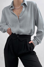 Button-Front Lapel-Collar Long-Sleeve Blouse