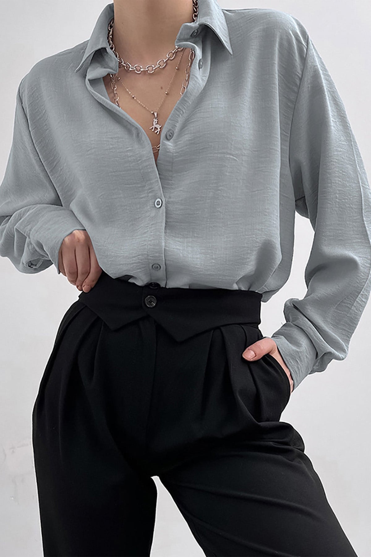 Button-Front Lapel-Collar Long-Sleeve Blouse