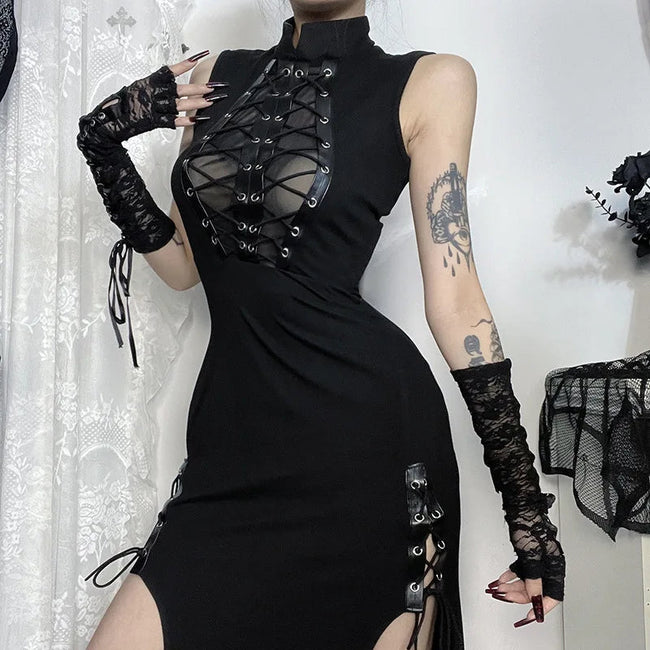 Transparent Patchwork Bandage Hem Midi Dress Black / S Main image