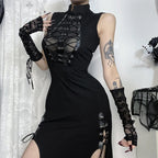 Transparent Patchwork Bandage Hem Midi Dress Black / S