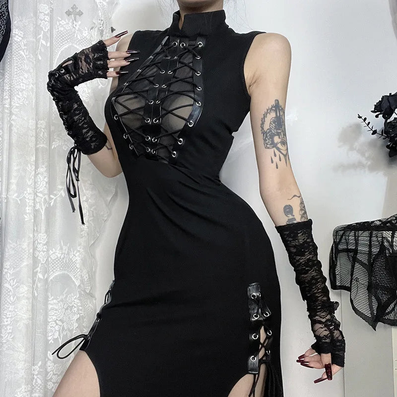 Transparent Patchwork Bandage Hem Midi Dress Black / S
