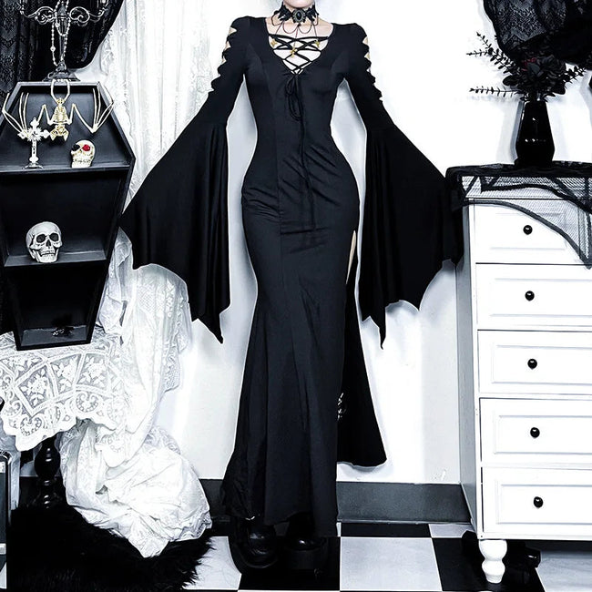Empty Out Batwing Sleeve Full-Length Dress Black / S Main image