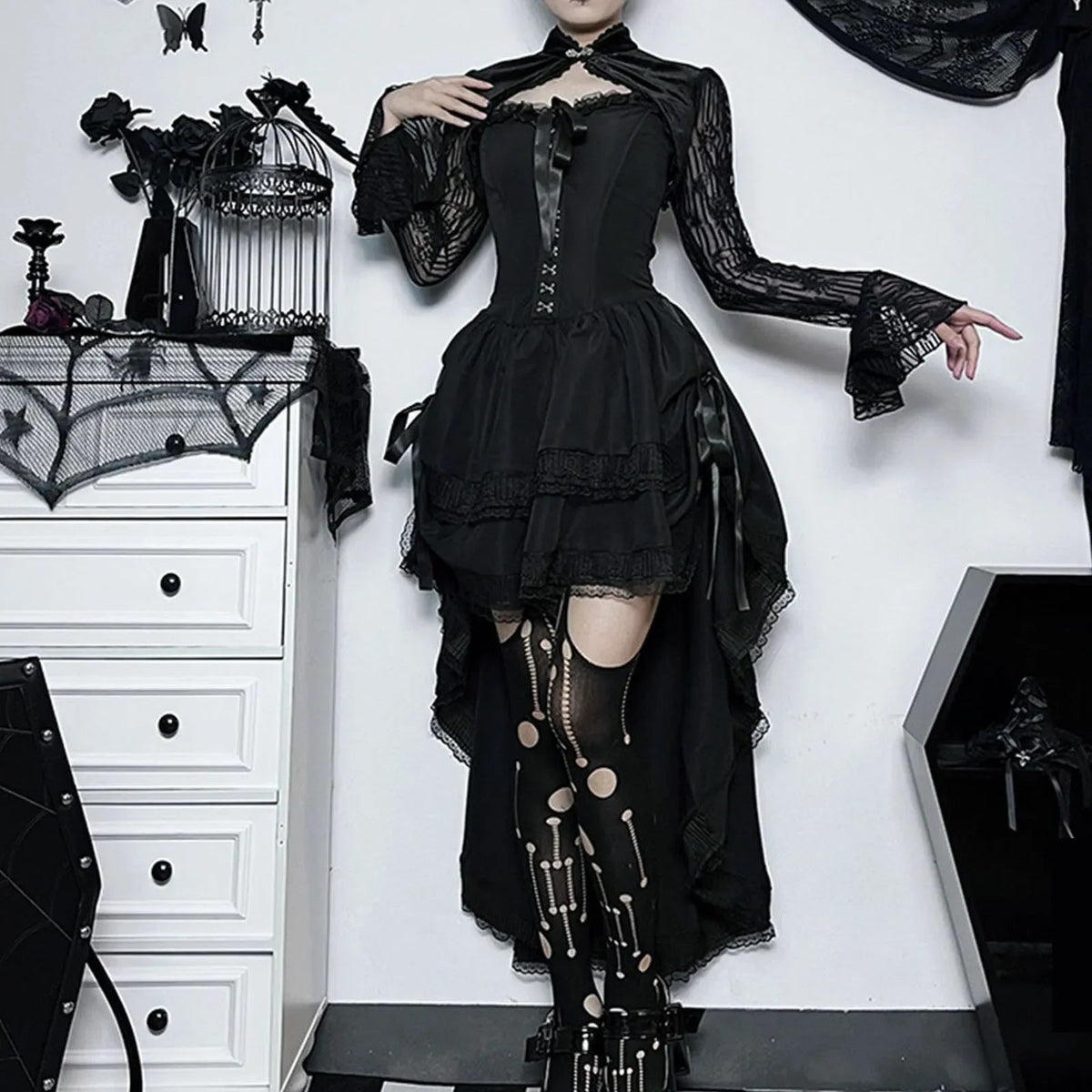 Sleeveless Lace Tuxedo High Low Midi Dress Black / S