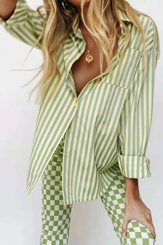 Green Striped Long Sleeve Shirt Blouse