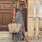 V-Neck Boho Dress with Drawstring Detail