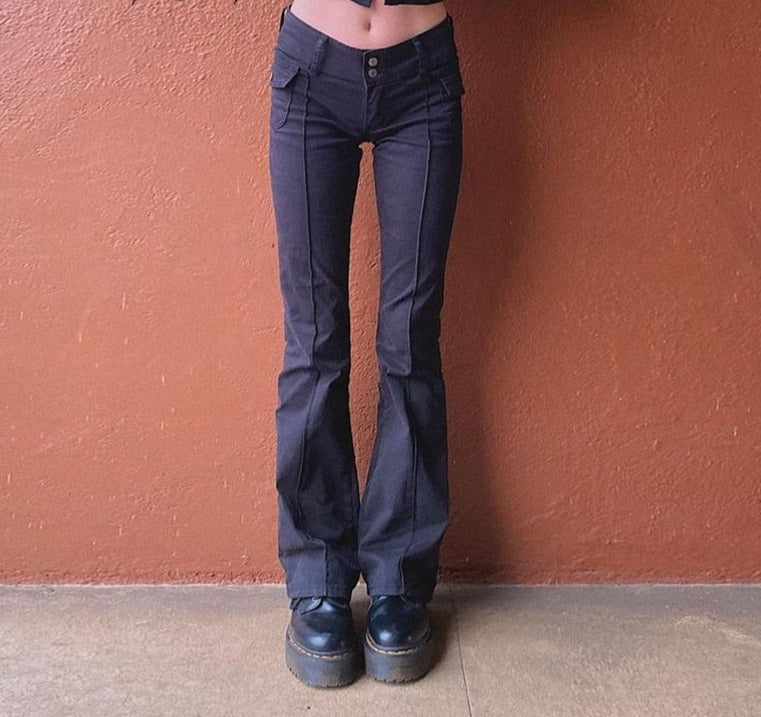 Black Low-Rise Fitted Pocket-Detail Pants