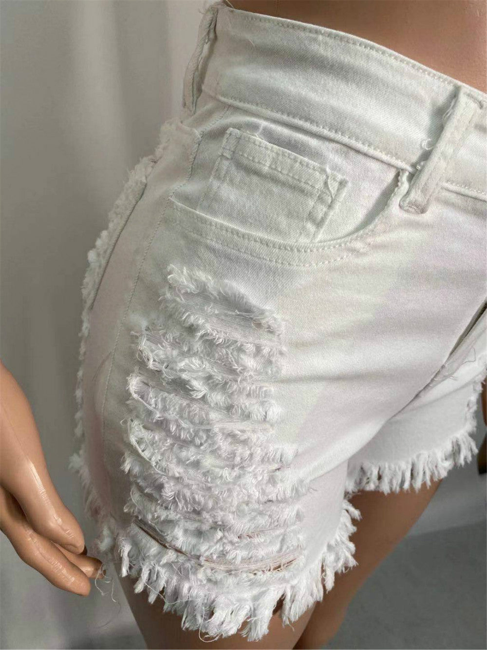 High-Rise Denim Fitted Shorts with Fringe Details